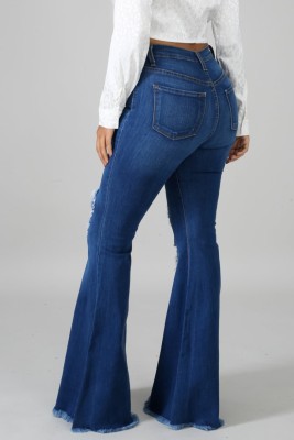 Autumn Blue High Waist Bell Bottom Ripped Jeans