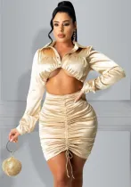 Autumn Party Khaki Sexy Crop Top and Ruched Skirt Set
