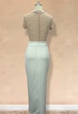 Autumn Formal White Beaded Short Sleeves Slit Evening Dress