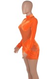 Autumn Party Sexy Orange Mesh Patch Velour Mini Bodycon Dress