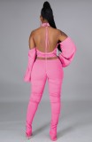 Autumn Pink Cut Out Turtleneck Crop Top and Ruched Pants Set