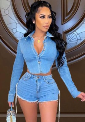 Autumn Long Sleeve Denim Cropped Top and Shorts Set