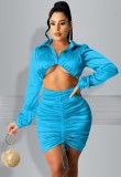 Autumn Party Blue Sexy Crop Top and Ruched Skirt Set