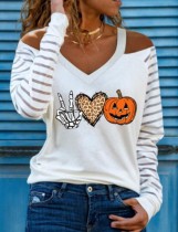 Pumpkin Print Cut Out Shoulder V-Neck Halloween Shirt