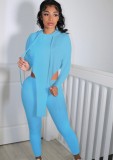 Autumn Casual Blue Irregular Hoody Top and Pants Sweatsuit