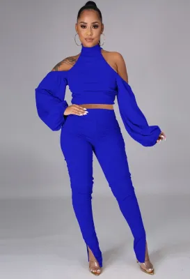 Autumn Blue Cut Out Turtleneck Crop Top and Ruched Pants Set