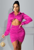 Autumn Party Rose Sexy Crop Top and Ruched Skirt Set