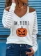 Pumpkin Print Cut Out Shoulder V-Neck Halloween Shirt