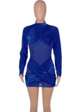 Autumn Party Sexy Blue Mesh Patch Velour Mini Bodycon Dress