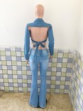 Autumn Sexy Open Back Button Up Long Sleeve Denim Jeans Cropped Jacket