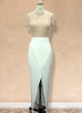 Autumn Formal White Beaded Short Sleeves Slit Evening Dress