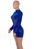 Autumn Party Sexy Blue Mesh Patch Velour Mini Bodycon Dress