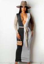 Autumn Contrast Color Sexy Deep-V Long Bodycon Dress