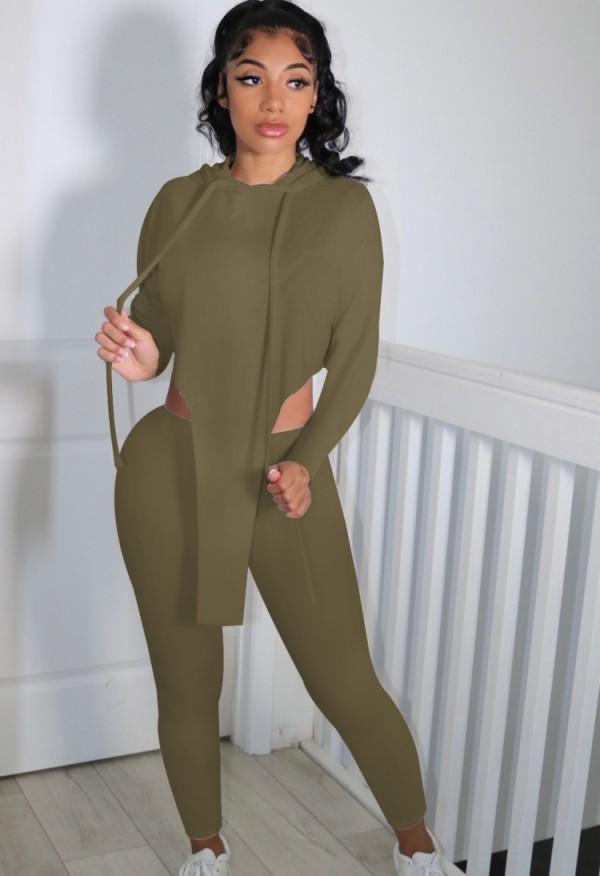 Autumn Casual Green Irregular Hoody Top and Pants Sweatsuit