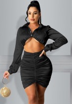 Autumn Party Black Sexy Crop Top and Ruched Skirt Set