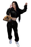 Winter Casual Black Hoody Crop Top and Pants Matching 2PC Set
