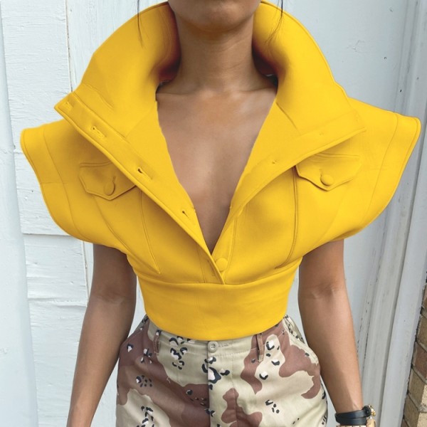 Winter Yellow Wide Shoulder Cropped Coat with Pocktes