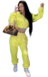 Winter Casual Yellow Hoody Crop Top and Pants Matching 2PC Set