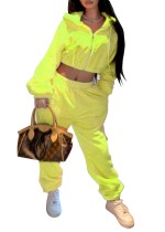 Winter Casual Yellow Hoody Crop Top and Pants Matching 2PC Set