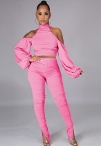 Autumn Pink Cut Out Turtleneck Crop Top and Ruched Pants Set