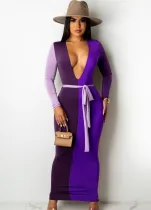Autumn Contrast Color Sexy Deep-V Long Bodycon Dress