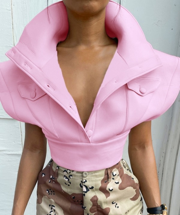 Winter Pink Wide Shoulder Cropped Coat with Pocktes