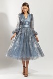 Autumn Formal Sequin Blue V-Neck Long Sleeve Prom Dress