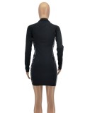 Autumn Print Black Zip Up Long Sleeve Mini Bodycon Dress