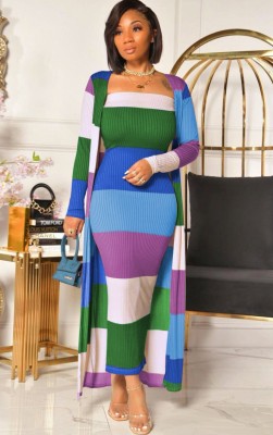 Autumn Contrast Color Wide Stripes Tube Dress with Matching Cardigans