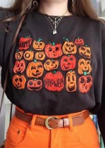 Pumpkin Print Black O-Neck Halloween Sweat Top