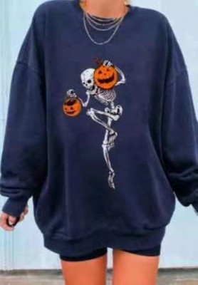 Skeleton Pumpkin Print Black O-Neck Halloween Sweat Top