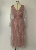 Autumn Formal Sequin Pink V-Neck Long Sleeve Prom Dress