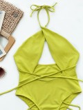 One-Piece Green Sexy High Cut Halter Swimwear