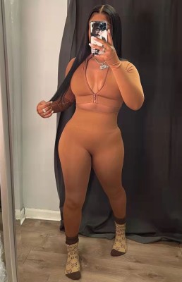 Autumn Sexy Brown Tight Cropped Top and Legging Set
