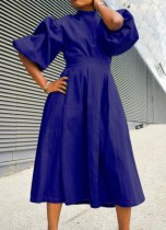 Autumn Royal Blue Turtleneck Puff Sleeve Pleated Long Skater Dress