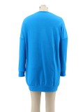 Autumn Casual Solid Plain Blue Crewneck Long Sleeve Shirt Dress
