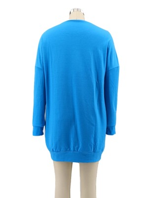 Autumn Casual Solid Plain Blue Crewneck Long Sleeve Shirt Dress