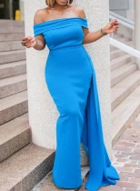 Autumn Blue Occassional Off Shoulder Long Evening Gown
