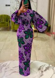 Winter Formal Print Puff Sleeve Long Evening Gown