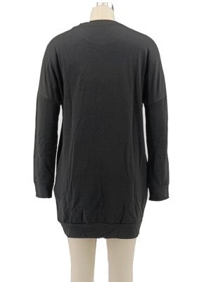 Autumn Casual Solid Plain Black Crewneck Long Sleeve Shirt Dress