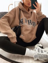 Autumn Print Brown Oversized Pullover Hoody Sweatshirt with Pocket