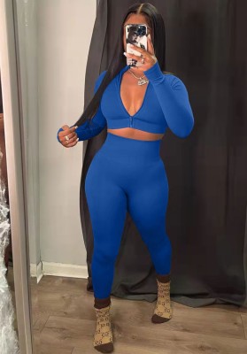 Autumn Sexy Blue Tight Cropped Top and Legging Set