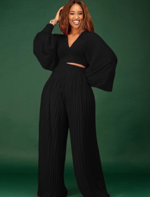Autumn Black Occassional Pleated Puff Sleeve Cropped Top and High Waist Pants Set