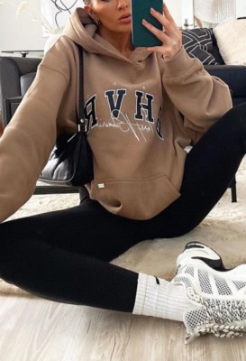 Autumn Print Brown Oversized Pullover Hoody Sweatshirt with Pocket