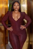 Autumn Formal Red Deep-V Sexy Long Sleeve Party Jumpsuit