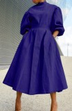 Autumn Royal Blue Turtleneck Puff Sleeve Pleated Long Skater Dress