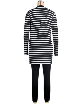 Autumn White and Black Stripes Long Cardigans and Black Legging Set