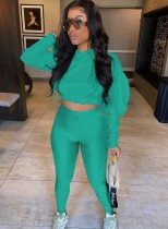 Autumn Green Hooded Cropped Top and Tight Legging Set