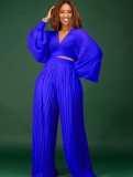 Autumn Blue Occassional Pleated Puff Sleeve Cropped Top and High Waist Pants Set
