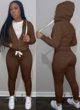 Fall Casaul Brown Solid Hoodies And Pant Tracksuit